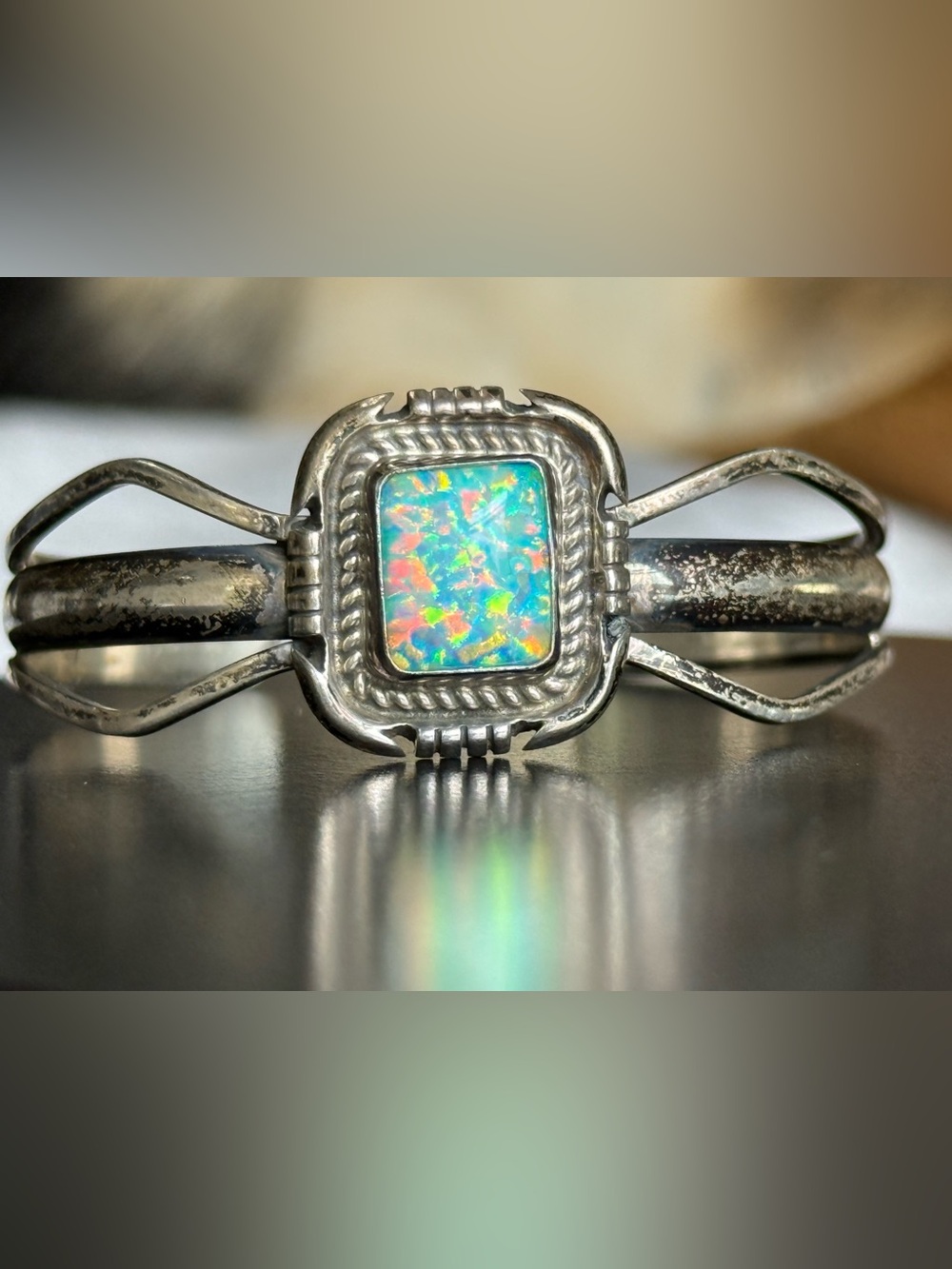 Vintage Native American L. James Sterling Silver Multi-Color Opal Cuff Bracelet